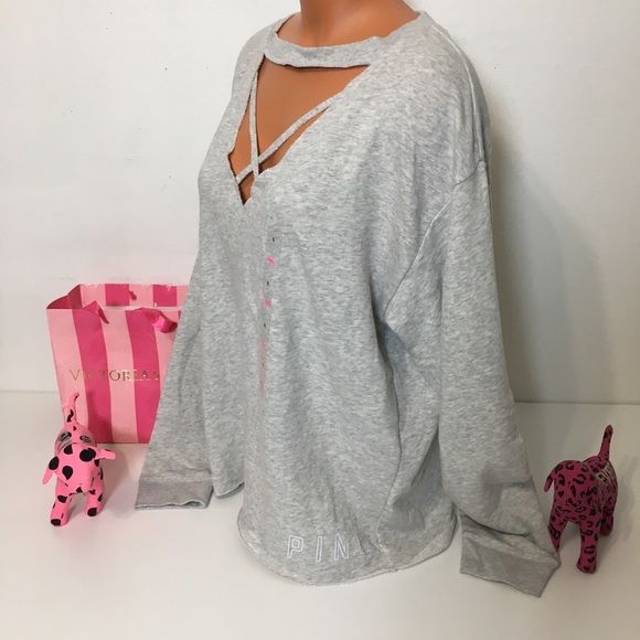 PINK VS V NECK STRAPPY FRONT LOGO SWEATSHIRT - Picture 2 of 4
